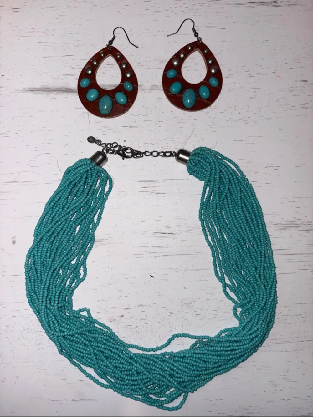 Turquoise Beaded Multi-Strand Necklace with Teal Accent Earrings